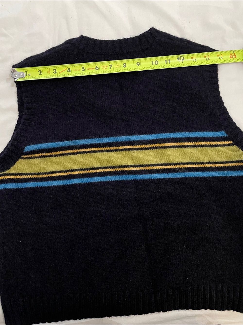 Vintage M.Y. Sportswear Wool Sweater Vest Womens Large Navy Blue Lime Striped - Picture 8 of 10
